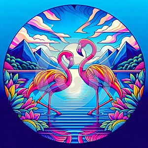It features three flamingos: one standing in water and two on the shore facing each other.