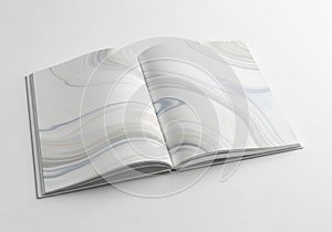 Features wavy, fluid lines in muted tones of gray, blue, and beige,