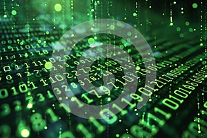 Featuring a  background of green binary code numbers, symbolizing the digital world and data technology. the binary code is a