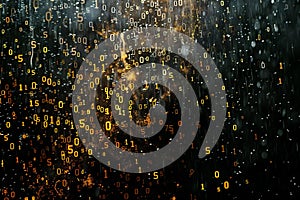 Featuring a black background, digital rain of numbers falling from the sky. the numbers form complex patterns that resemble c