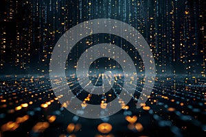 Featuring a black background, digital rain of numbers falling from the sky. the numbers form complex patterns that resemble c