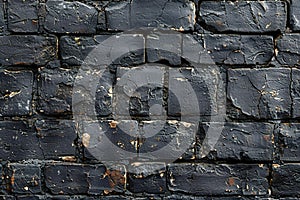 Featuring a black brick wall background, texture of old black painted bricks pattern for interior design or wallpaper decorat