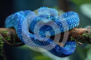 Featuring a  blue snake curled up on a branch with dark background