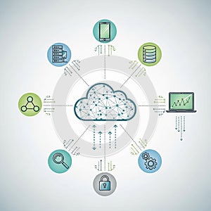 Featuring a central networked cloud icon connected to various