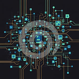 Featuring a complex network of interconnected lines and geometric shapes