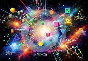 Featuring an explosion of geometric shapes and molecular structures