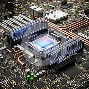 Featuring a glowing central processing unit (CPU) surrounded by