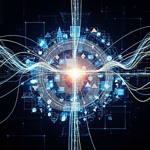 Featuring a glowing sphere at the center surrounded by interconnected