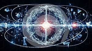 Featuring a glowing spherical network structure at the center