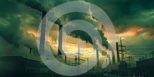 featuring a gritty industrial landscape with towering smokestacks and a network of pipelines against a moody sky