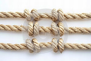 Featuring a  horizontal lines of jute rope isolated on a white background, in a top view. the lines are arranged evenly spaced ac photo