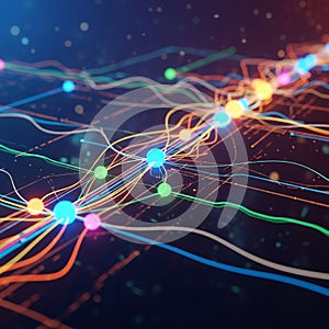 Featuring interconnected, colorful nodes and lines against a dark