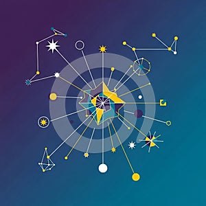 Featuring interconnected stars, lines, and shapes on a gradient blue