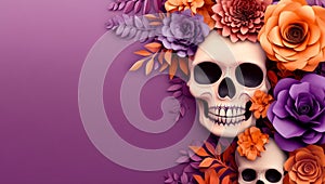 Featuring intricately designed skulls with Halloween motifs - flowers, candles. Graphic art illustration. photo