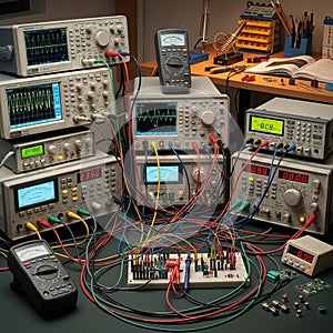 Featuring multiple test and measurement devices like oscilloscopes and