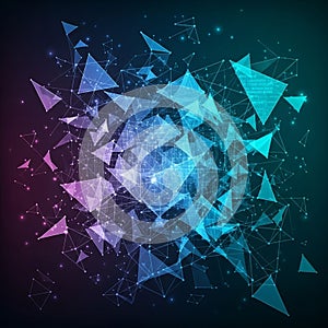 Featuring a network of interconnected triangles in shades of