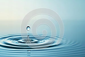 Featuring a  single water droplet falling into the calm blue waters, creating ripples that spread out from its impact. the ba