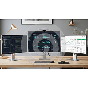 Featuring three computer monitors displaying various data and