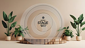 Featuring a Warm Beige Backdrop Adorned with Elegant Concentric Circle Graphics, Centered by a Rich, Tiered Wooden Podium photo