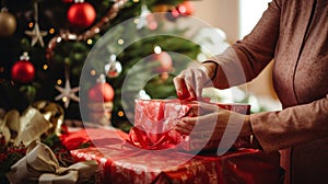 featuring a woman wrapping presents in front of a beautifully decorated Christmas tree