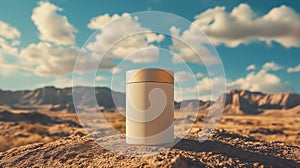Cylindrical Container in Desert Landscape