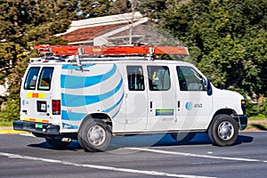Feb 10, 2020 Sunnyvale / CA / USA - AT&T service van side view; AT&T emblem displayed on the side