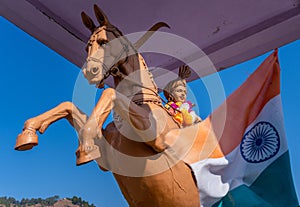 Statue of Teelu Rauteli: 17th Century Garhwali Rajput Warrior Riding Horse with Weapons, Gurrad Talla, Chaundkot, Pauri Garhwal, photo