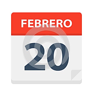 Febrero 20 - Calendar Icon - February 20. Vector illustration of Spanish Calendar Leaf photo