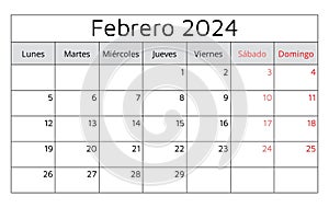 Febrero 2024 SPANISH calendar. Vector illustration photo