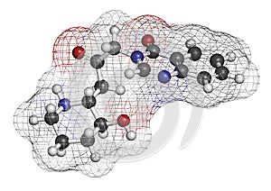 Febrifugine alkaloid molecule, first isolated from Dichroa febrifuga. 3D rendering. Atoms are represented as spheres with