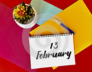 February 13 on a white notebook on a colorful bright background.Next to it is a potted flower and a blue pen.