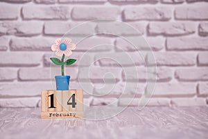 February 14. Day 14 of month on wooden calendar with toy flower on white brick background. Happy Valentines day.
