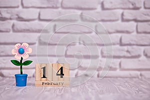 February 14. Day 14 of month on wooden calendar with toy flower on white brick background. Happy Valentines day.