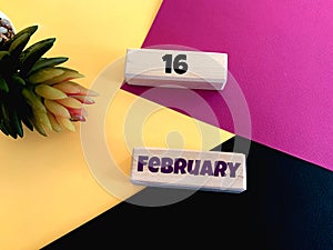 February 16 on wooden cubes on a pink,yellow, black background.Calendar for February .