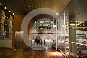 February 18, 2019. Kastrup Airport in Denmark, Copenhagen. Theme transport and architecture. Evening night empty empty deserted