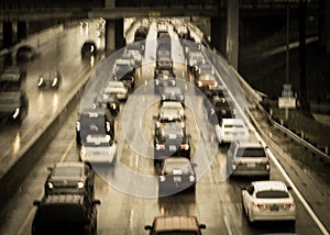 FEBRUARY 2, 2019 - LOS ANGELES, CA, USA - Abstract and impressionistic Traffic Congestion in a rain storm on the 110 CA Freeway,