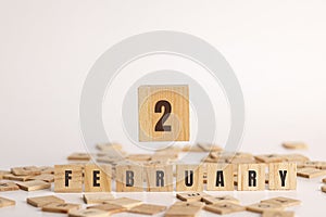 February  2 displayed wooden letter blocks on white background