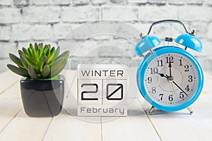 February 20 on the wooden calendar.The twentieth day of the winter month, a calendar for the workplace. Winter