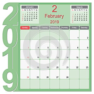 February 2019 Calendar Monthly Planner Design
