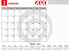 February 2020 Calendar Monthly Planner Design