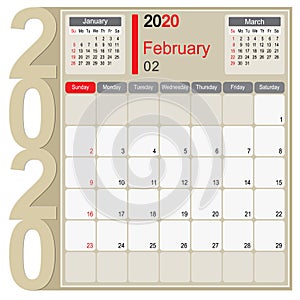 February 2020 Calendar Monthly Planner Design