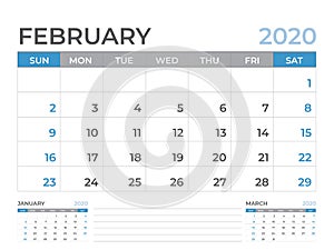 February 2020 Calendar template, Desk calendar layout  Size 8 x 6 inch, planner design, week starts on sunday, stationery design