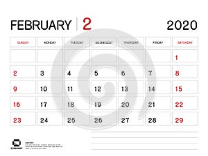 FEBRUARY 2020 Year Template, Calendar 2020 Vector, Desk Calendar Design, Week Start On Sunday, Planner, Stationery, Printing