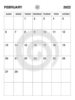 February 2022 year planner template, calendar 2022 desgin, monthly and yearly planners. organizer diary. week start Sunday