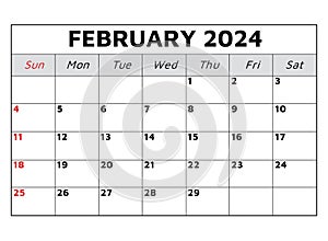 February 2024 calendar. Vector illustration
