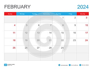 February 2024 template-Calendar 2024 design , Desk Calendar 2024 template, Planner simple, Week starts Sunday, Stationery, Wall