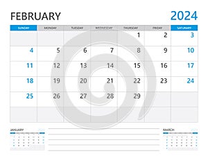 February 2024 year, Calendar planner 2024 and Set of 12 Months, week start on Sunday. Desk calendar 2024 design, simple and clean