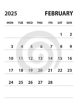 February 2025-Calendar 2025 template vector on white background, week start on monday, Desk calendar 2025 year, Wall calendar