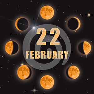 february 22. 22th day of month, calendar date.Phases of moon on black isolated background. Cycle from new moon to full