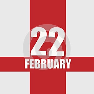 february 22. 22th day of month, calendar date.White numbers and text on red intersecting stripes. Concept of day of year